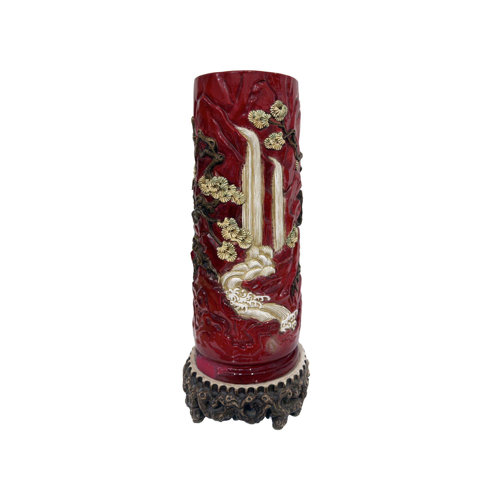 Arte orientale, Vaso a cilindro in ceramica rossa e policroma