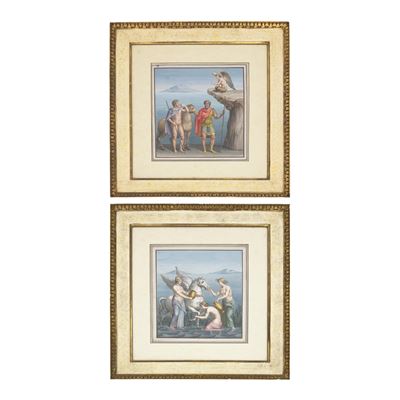 Michelangelo Maestri (attr.), Edipo e la Sfinge e Pegaso e le Ninfe, coppia di tempere su carta