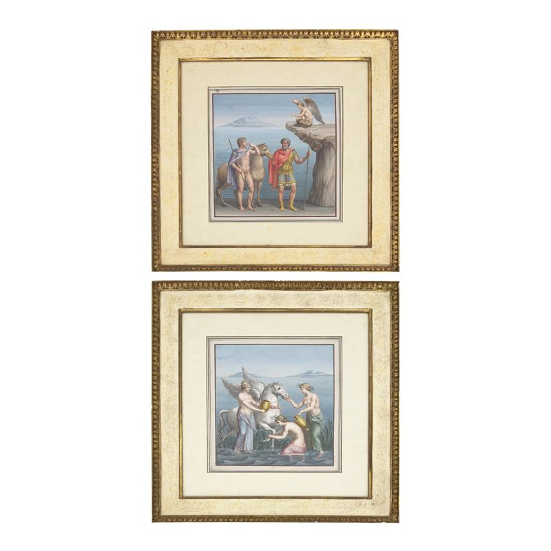 Michelangelo Maestri (attr.), Edipo e la Sfinge e Pegaso e le Ninfe, coppia di tempere su carta