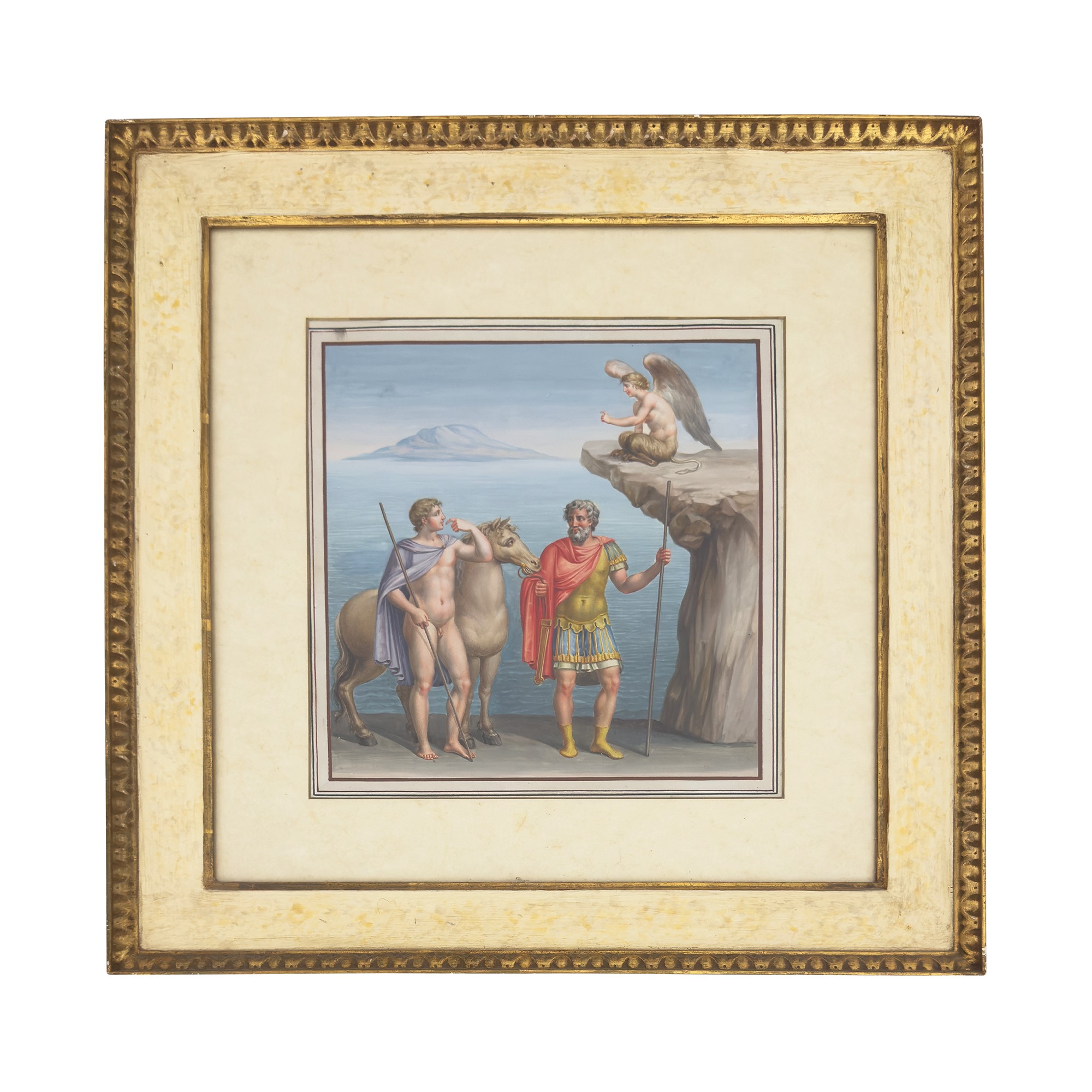 Michelangelo Maestri (attr.), Edipo e la Sfinge e Pegaso e le Ninfe, coppia di tempere su carta