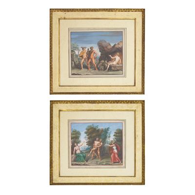 Michelangelo Maestri (attr.), Arianna, Ercole e Caco e Ercole, Ermes e Cerbero, coppia di tempere...
