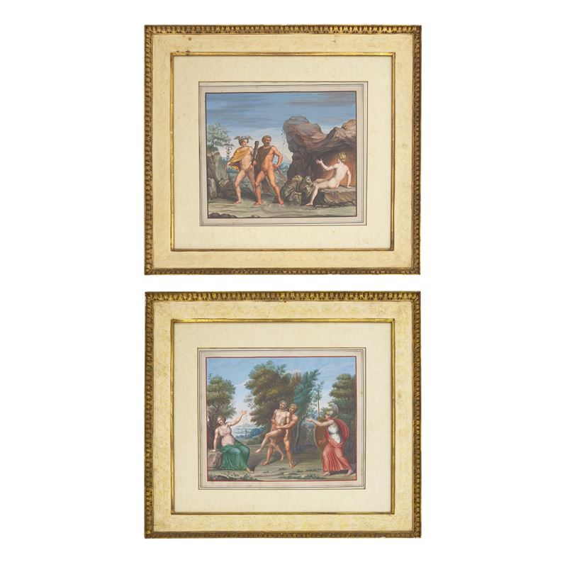 Michelangelo Maestri (attr.), Arianna, Ercole e Caco e Ercole, Ermes e Cerbero, coppia di tempere...