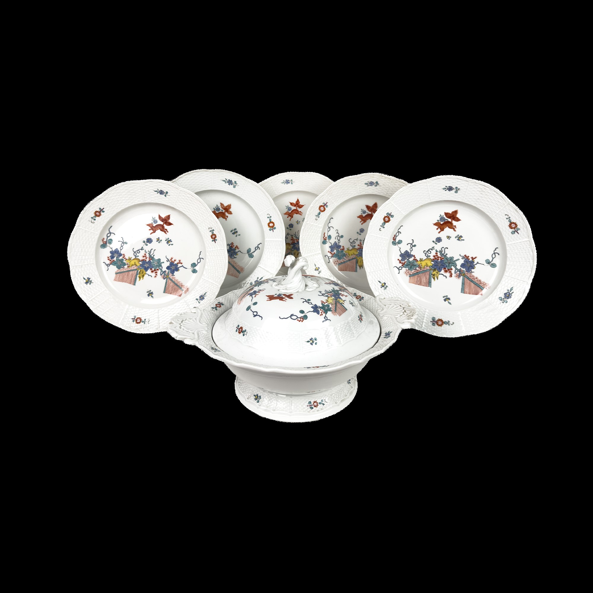 Meissen, Parte di servizio di piatti in porcellana bianca e policroma con decorazione kakiemon, X...