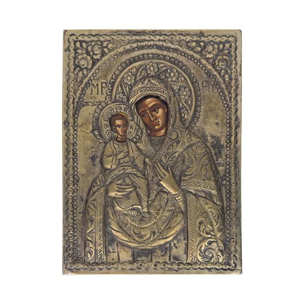 La Vergine col Bambino, icona con riza in metallo dorato, Russia, XIX secolo