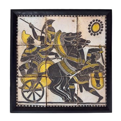 Pannello in maiolica, scena di battaglia, Napoli, inizi del XX secolo