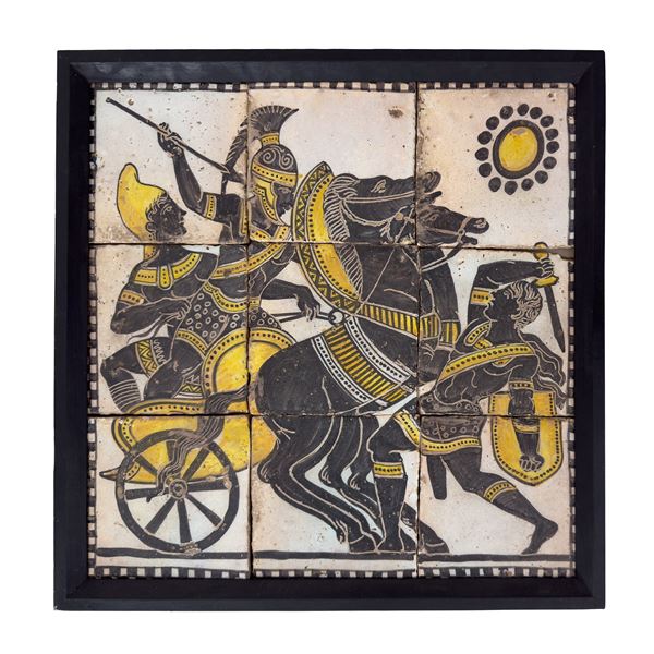 Pannello in maiolica bianca, gialla e nera, Napoli, inizi del XX secolo