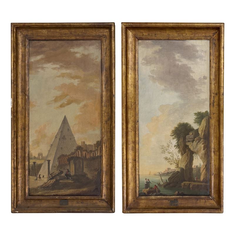 Charles François Lacroix, Marina al tramonto e Veduta fantasiosa di Roma con la Piramide Cestia, ...