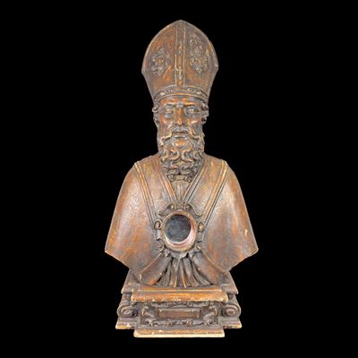 Reliquiario, legno dorato intagliato a busto di vescovo, Napoli, XVIII secolo