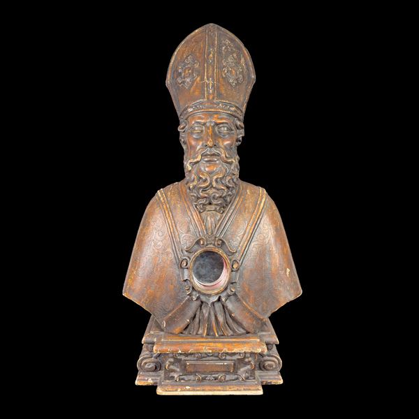 Reliquiario in legno dorato intagliato a busto di vescovo, Napoli, XVIII secolo