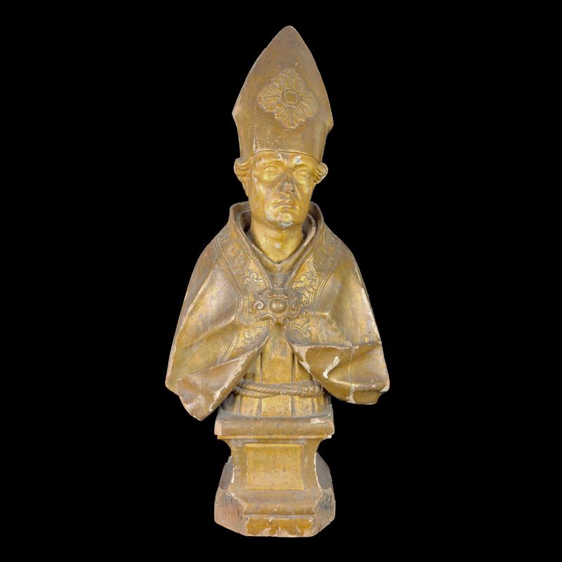 Busto di vescovo, legno dorato, Napoli, XVII secolo