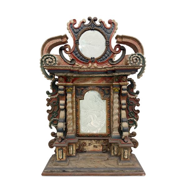 Fronte di tabernacolo in legno laccato bianco, rosso, blu e verde, XIX secolo
