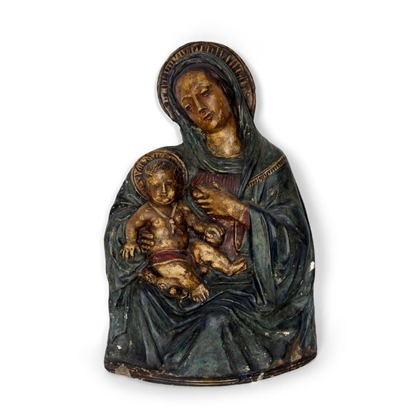 Madonna col Bambino, altorilievo in cartapesta e gesso policromo, Toscana, XVIII secolo