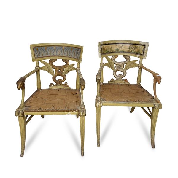 Due rare poltrone in legno laccato avorio, Piemonte, periodo Luigi XVI