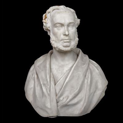 Busto virile panneggiato in marmo bianco, scultura, XIX secolo