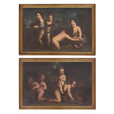 Pittore veneto del XVII secolo, Giochi di putti, coppia di oli su tela