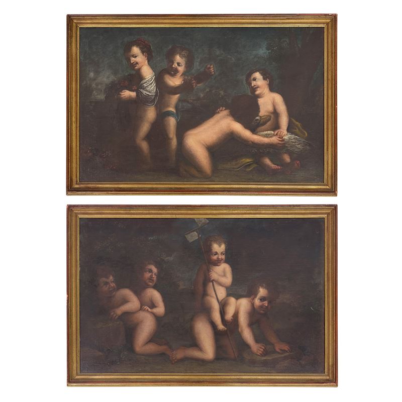 Pittore veneto del XVII secolo, Giochi di putti, coppia di oli su tela