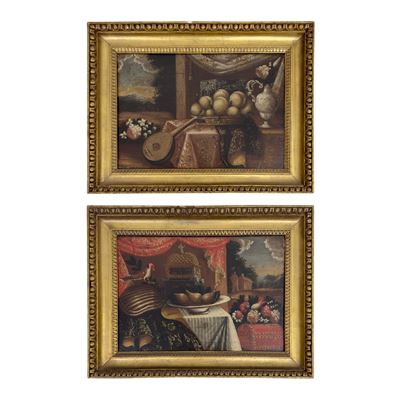 Pittore della fine del XVII secolo, Natura morta con fiori, frutti, strumenti musicali e un volat...