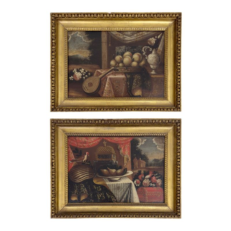 Pittore della fine del XVII secolo, Natura morta con fiori, frutti, strumenti musicali e un volat...