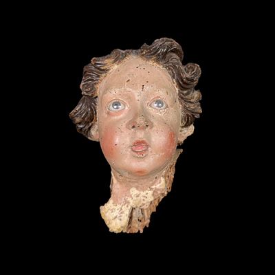 Testa di putto in legno laccato, Napoli, XVIII secolo