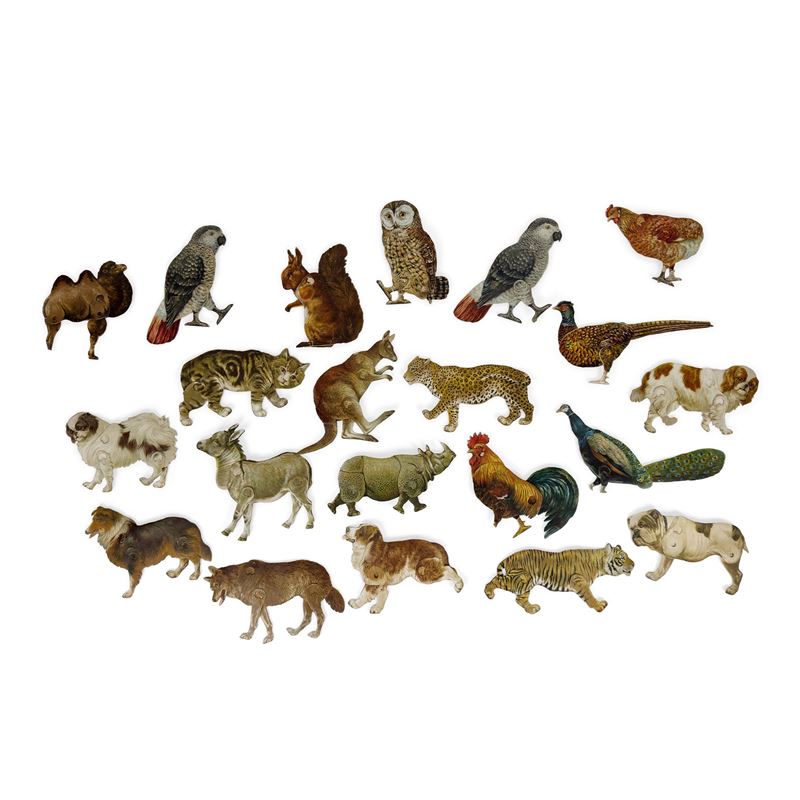 34 modellini didattici di animali in cartone policromo, Raphael Tuck&Sons, inizi del XX secolo