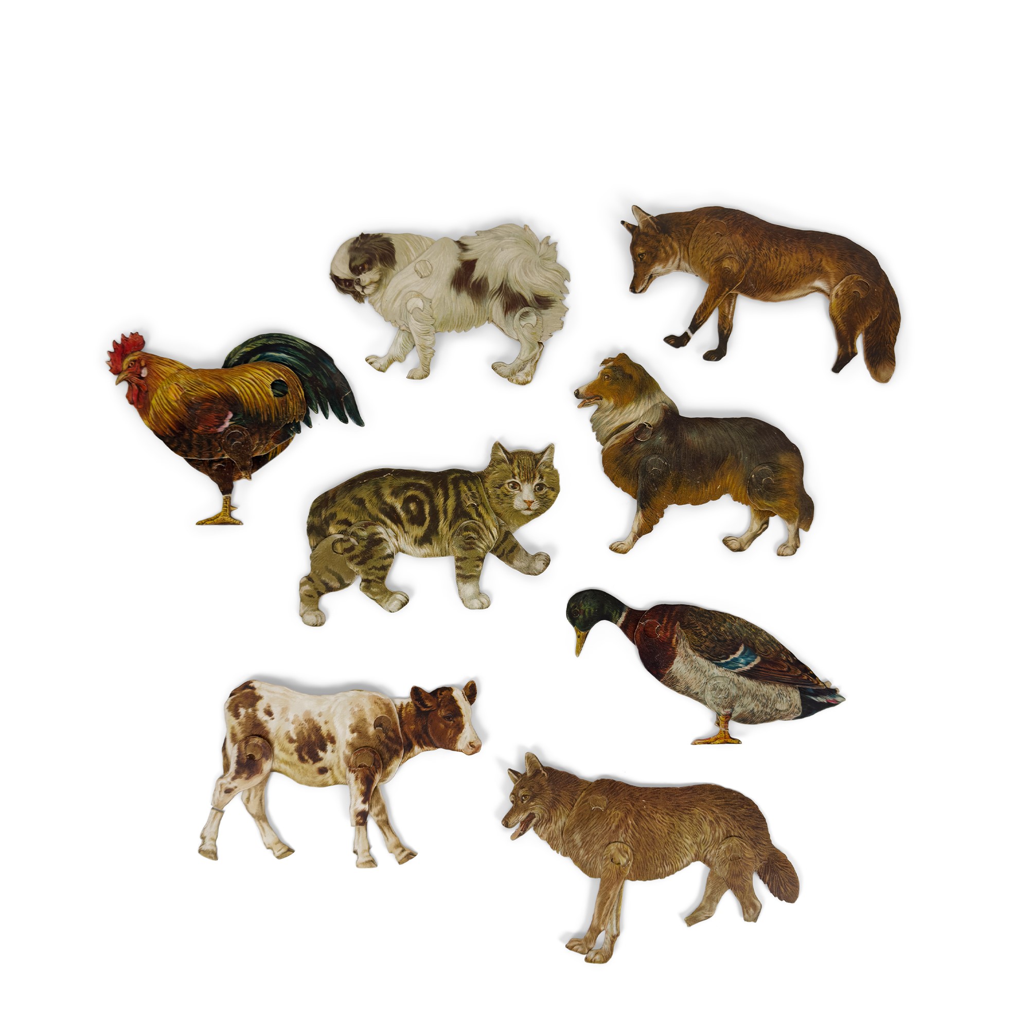 34 modellini didattici di animali in cartone policromo, Raphael Tuck&Sons, inizi del XX secolo