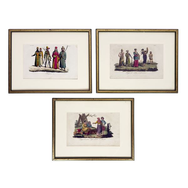 Sei incisioni acquarellate raffiguranti popolazioni del mondo in costumi tipici, XIX secolo