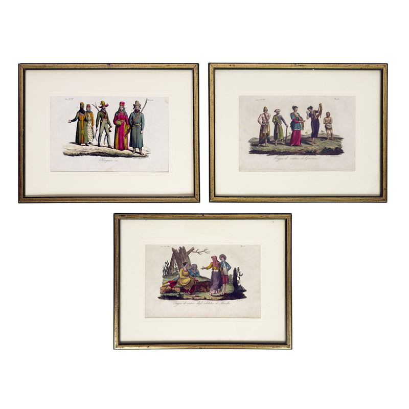 Sei incisioni acquarellate raffiguranti popolazioni del mondo in costumi tipici, XIX secolo