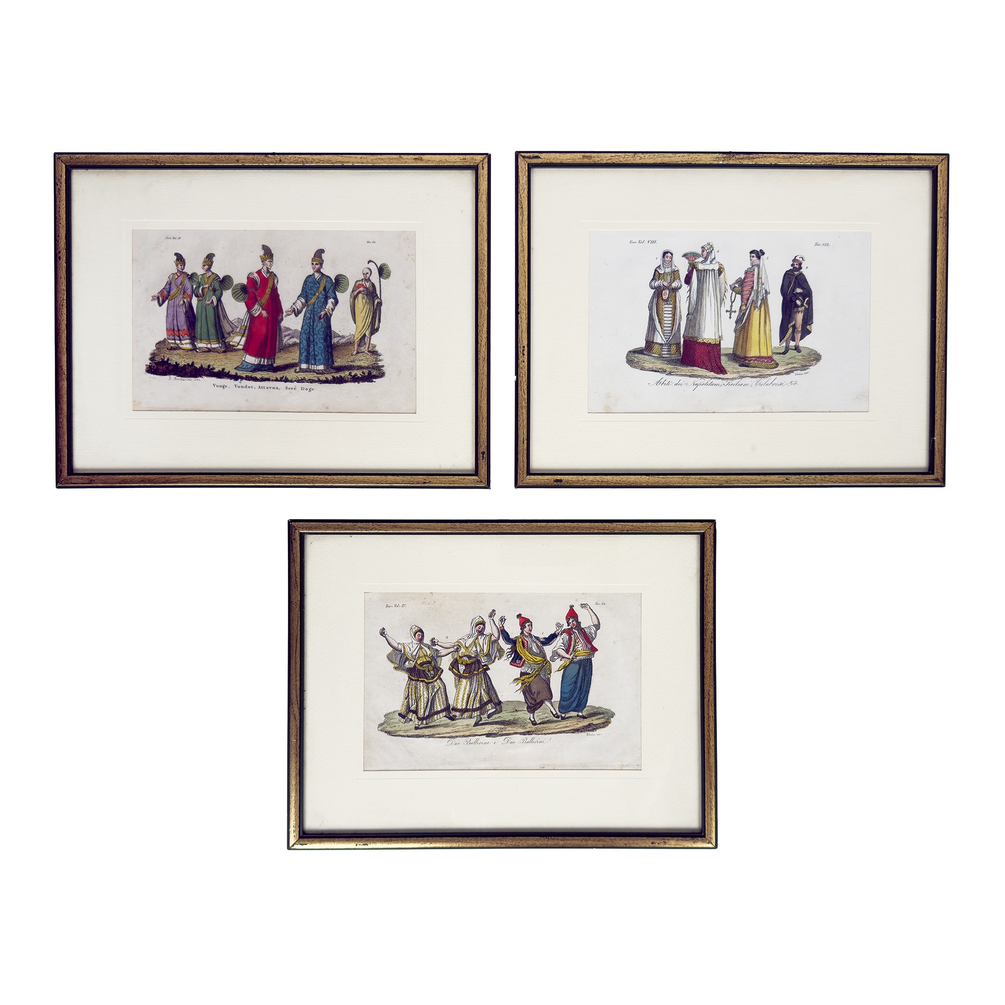 Sei incisioni acquarellate raffiguranti popolazioni del mondo in costumi tipici, XIX secolo