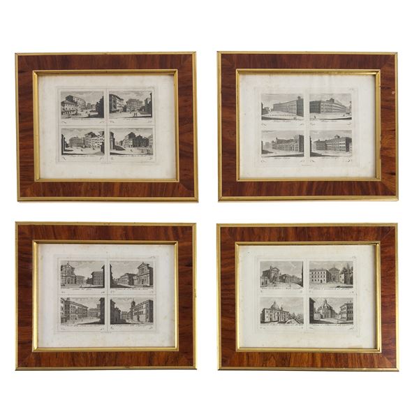 Sedici incisioni quadripartite raffiguranti monumenti e chiese di Roma, XVIII secolo