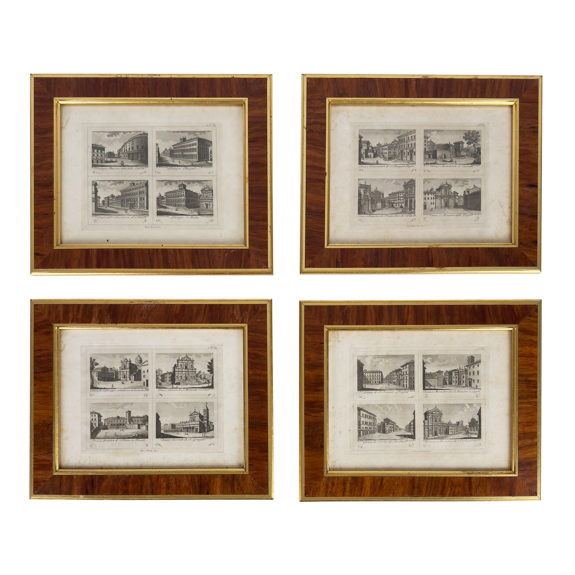 Sedici incisioni quadripartite raffiguranti monumenti e chiese di Roma, XVIII secolo