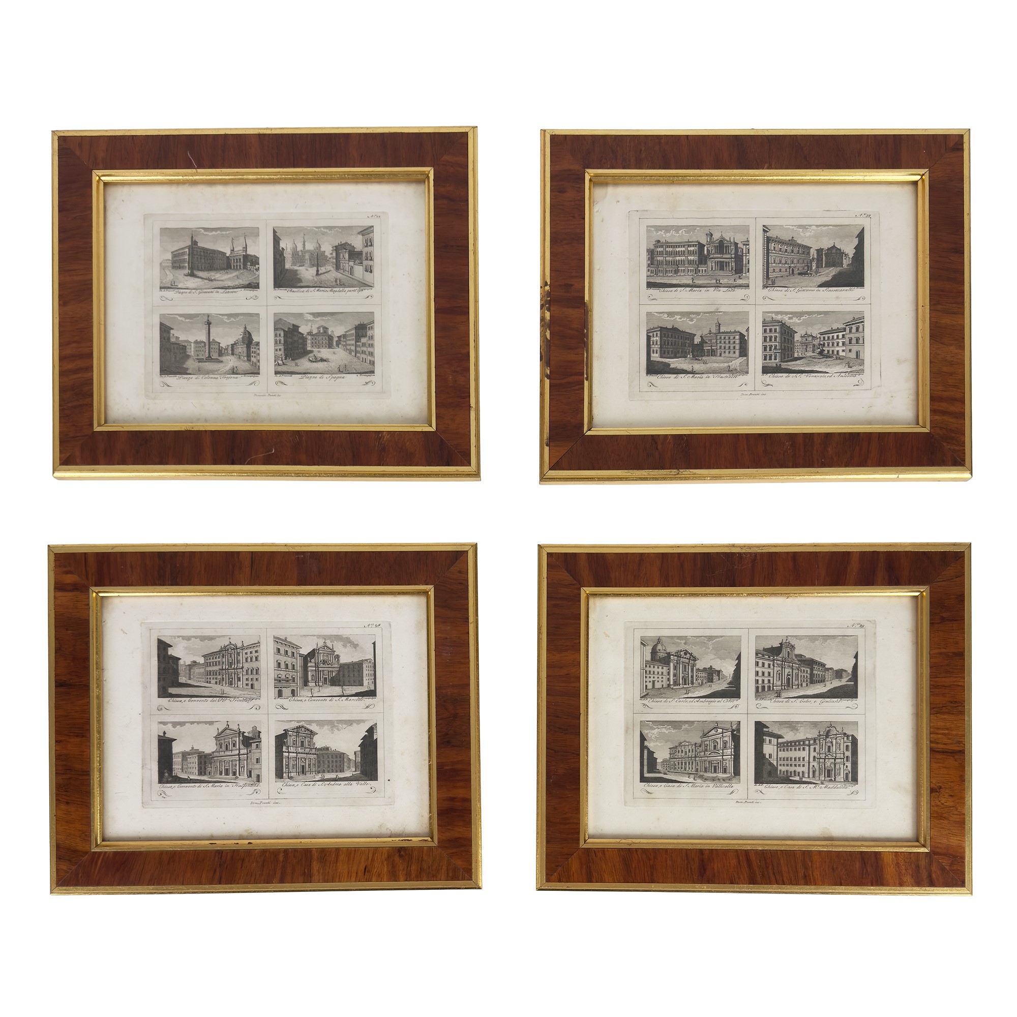 Sedici incisioni quadripartite raffiguranti monumenti e chiese di Roma, XVIII secolo