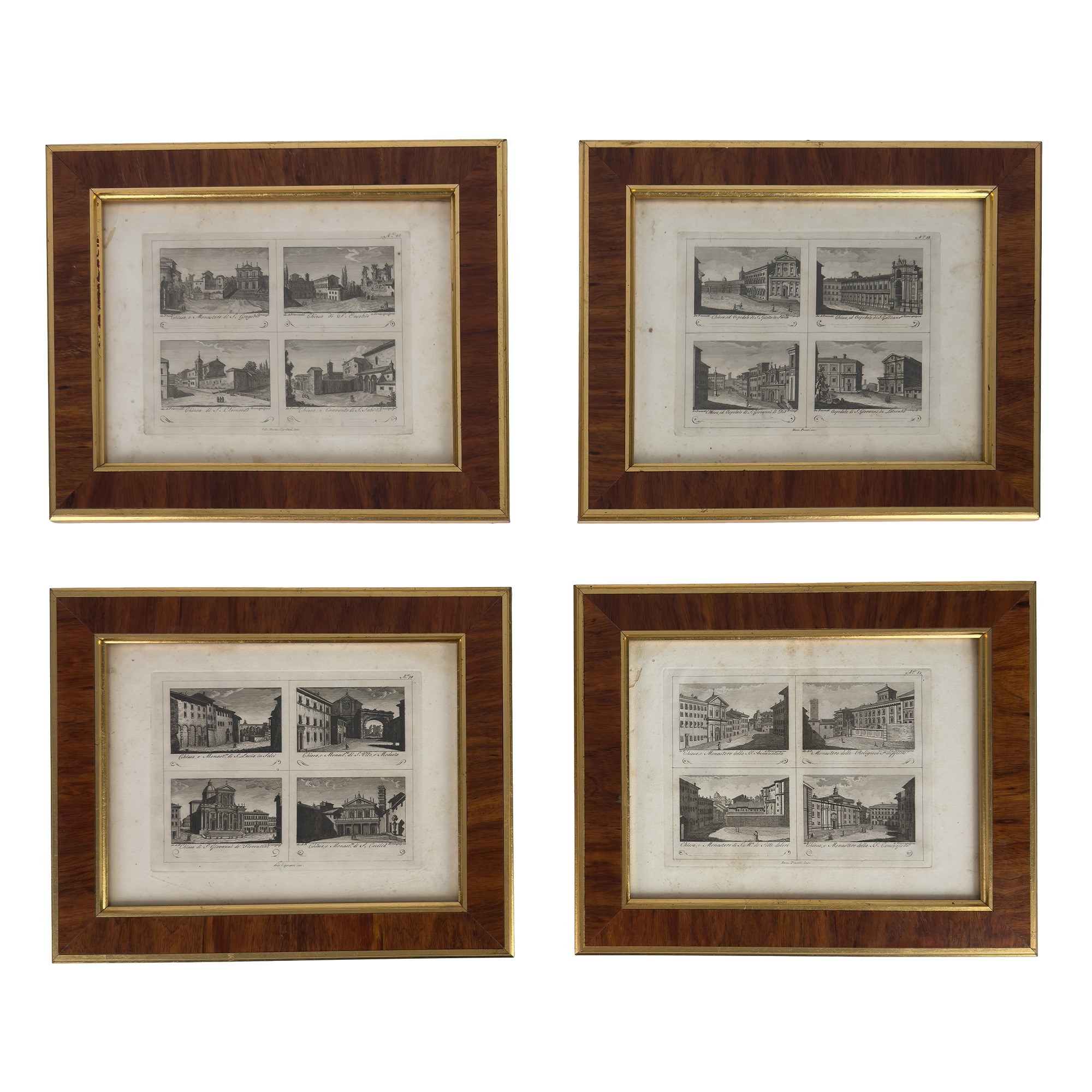 Sedici incisioni quadripartite raffiguranti monumenti e chiese di Roma, XVIII secolo