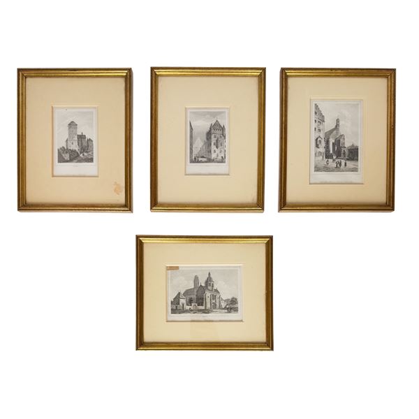 Quattro incisioni raffiguranti monumenti e chiese di città europee, XIX secolo