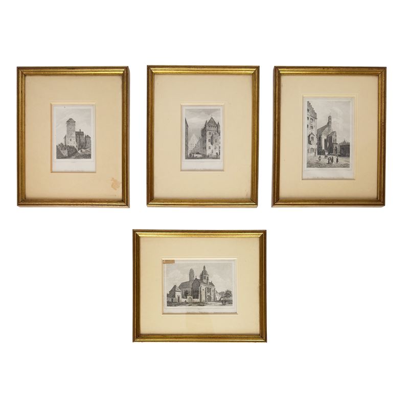 Quattro incisioni raffiguranti monumenti e chiese di città europee, XIX secolo