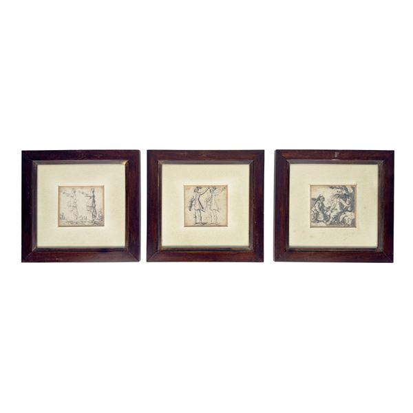 Tre incisioni raffiguranti una scena di genere e figure in costume, XVIII-XIX secolo
