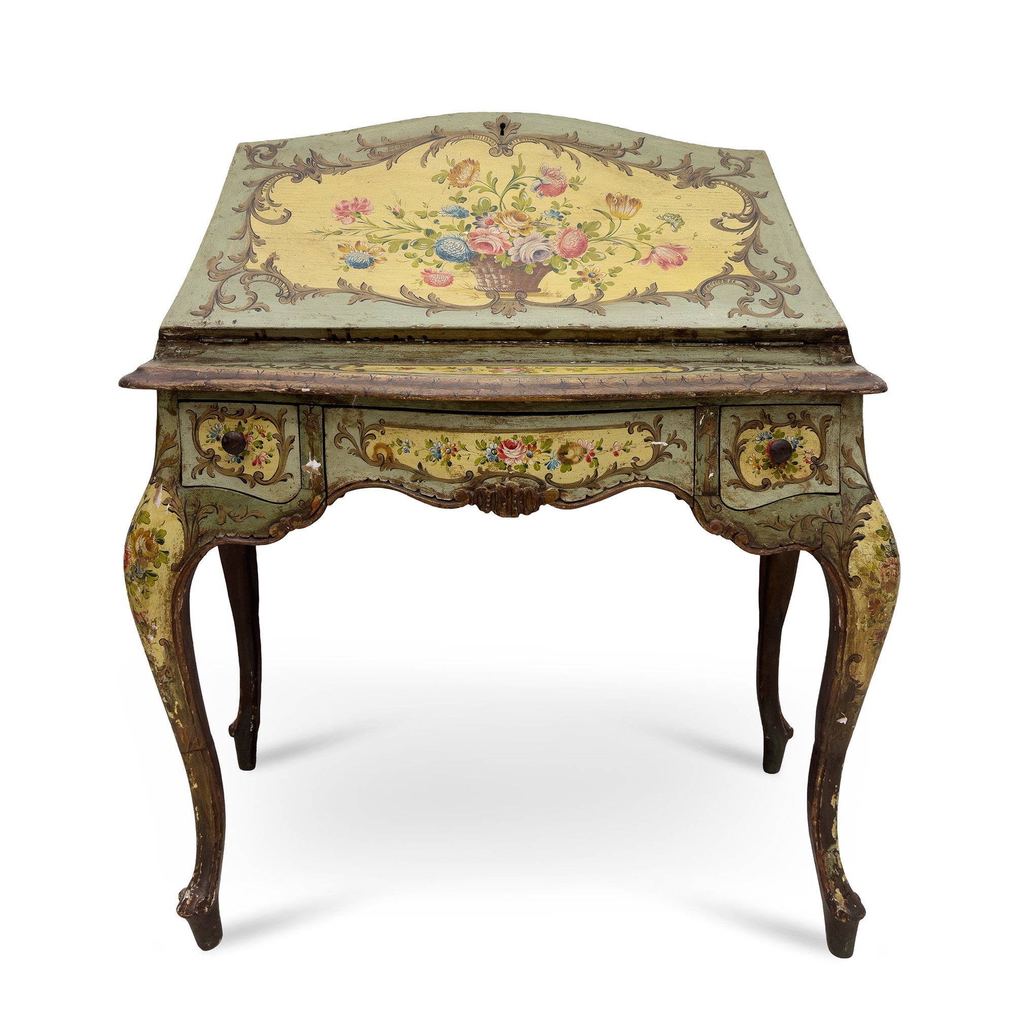 Bureau dos d'âne in legno laccato e dorato, forma bombata con scrittoio
