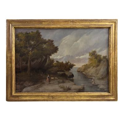 Pittore della fine del XVIII-inizi del XIX secolo, Paesaggio fluviale con lavandaie e contadina c...