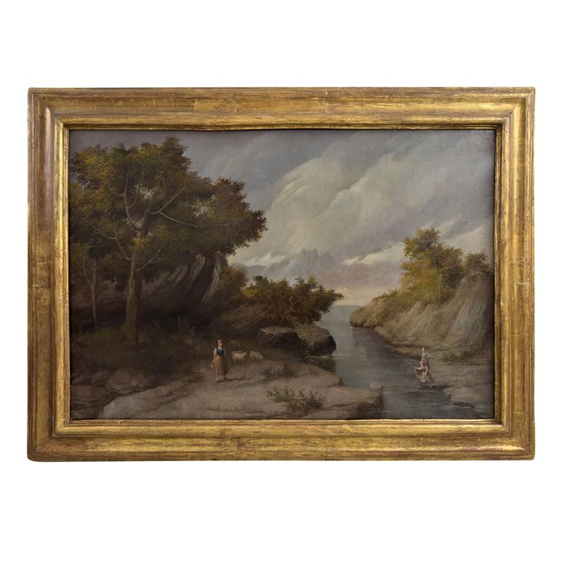 Pittore della fine del XVIII-inizi del XIX secolo, Paesaggio fluviale con lavandaie e contadina c...