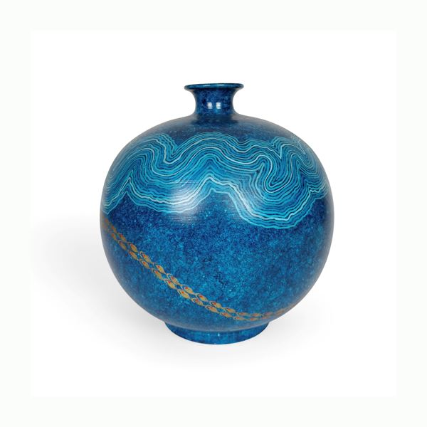 Vaso a boccia in ceramica dipinta nei toni del blu, L'Ellisse per Ampex Italiana S.p.A.