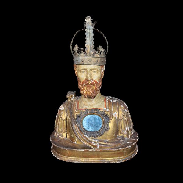 Reliquiario in legno laccato e dorato scolpito a busto virile, Napoli, metà del XVII secolo
