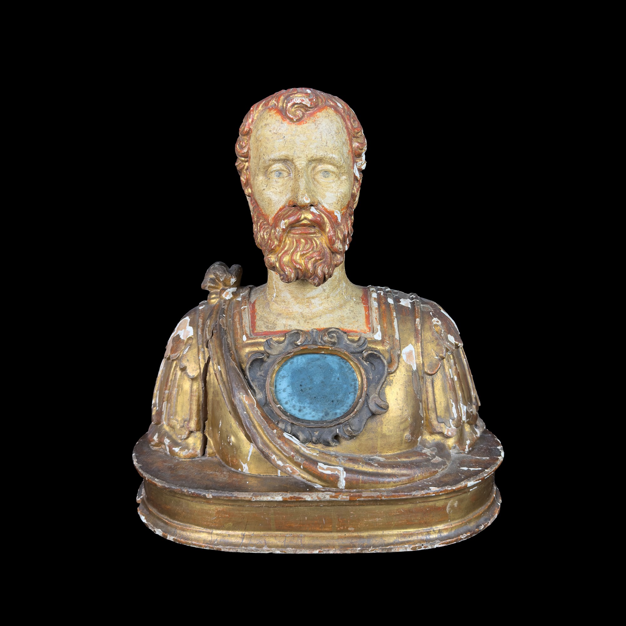 Reliquiario in legno laccato e dorato con busto virile scolpito, Napoli, metà del XVII secolo