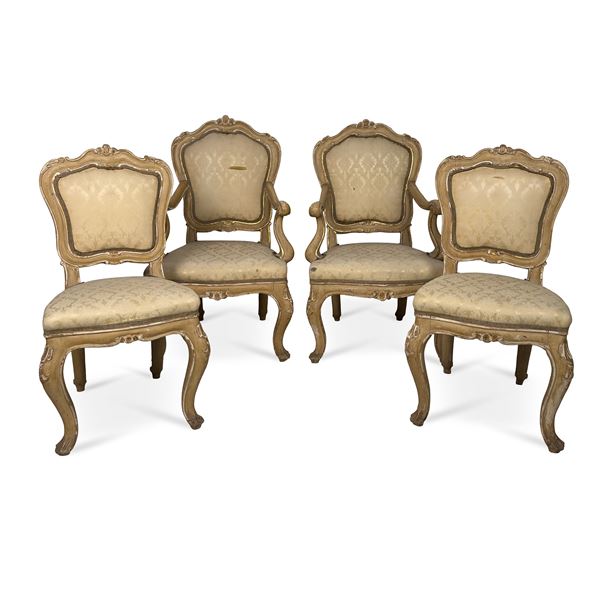 Coppia di poltrone e coppia di sedie in legno laccato avorio e dorato, XIX secolo