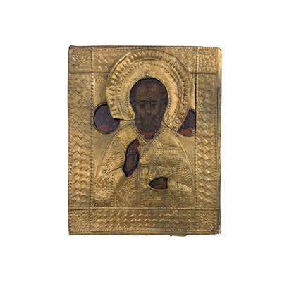 San Nicola benedicente, icona con riza in rame, Russia, XIX secolo
