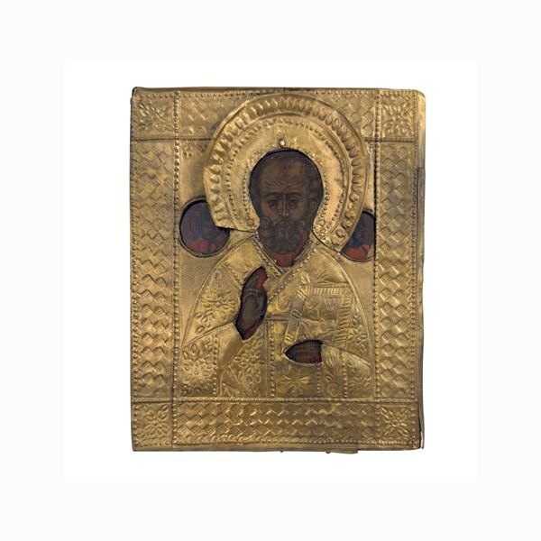 San Nicola benedicente, icona con riza in rame, Russia, XIX secolo