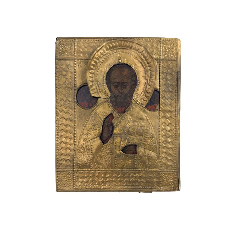 San Nicola benedicente, icona con riza in rame, Russia, XIX secolo
