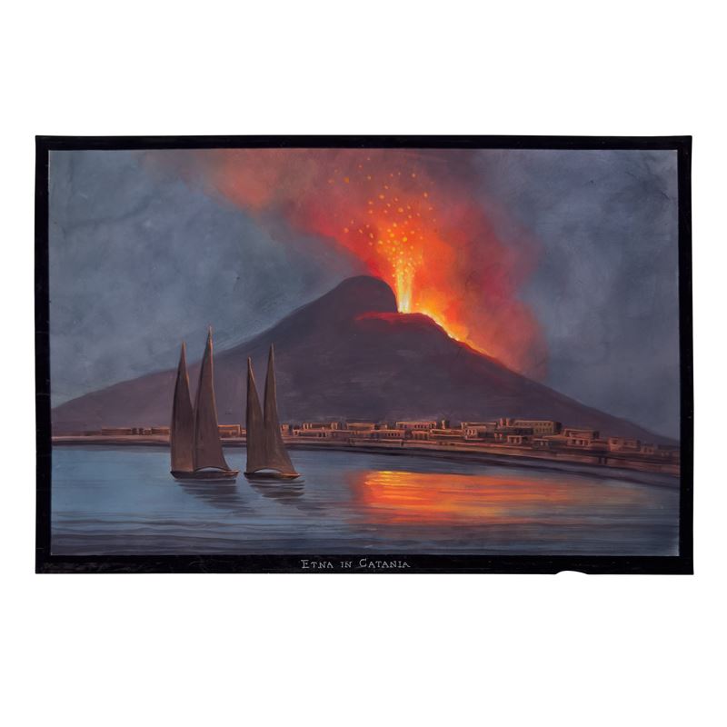 Eruzione dell'Etna vista da Catania, gouache su carta, cm. 30,5 x 44,5