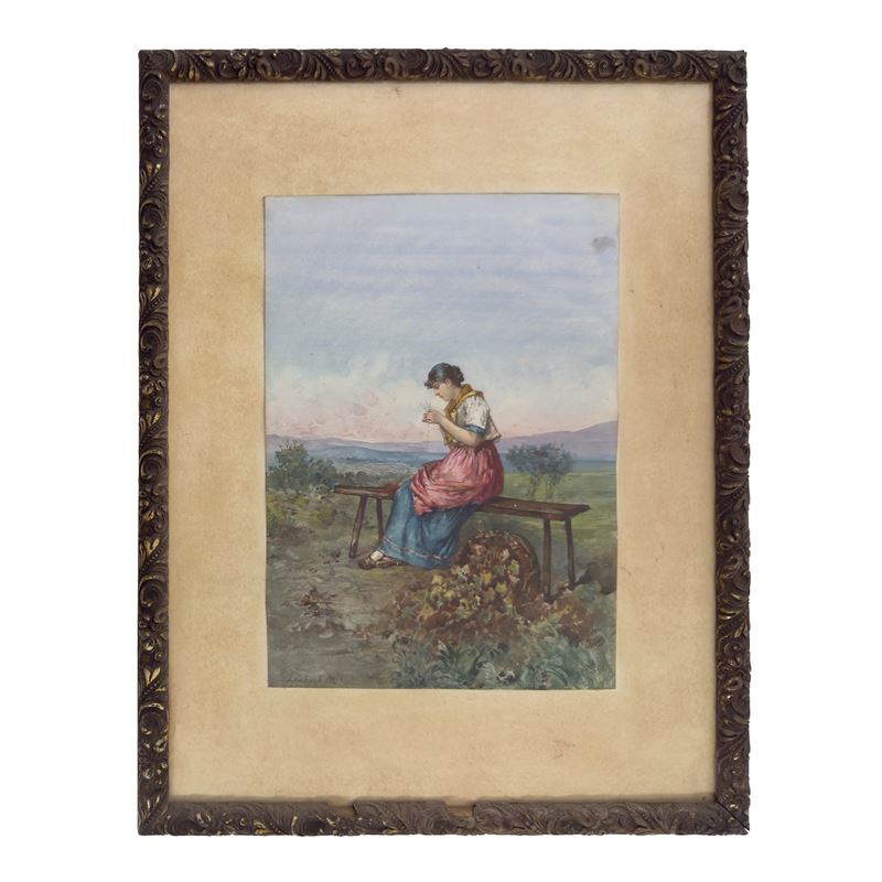 Franz Von Lembach, Donna in costume nella campagna romana, acquarello su carta