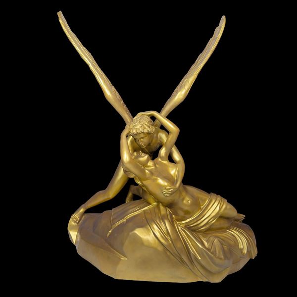 Amore e Psiche, gruppo in bronzo a patina dorata