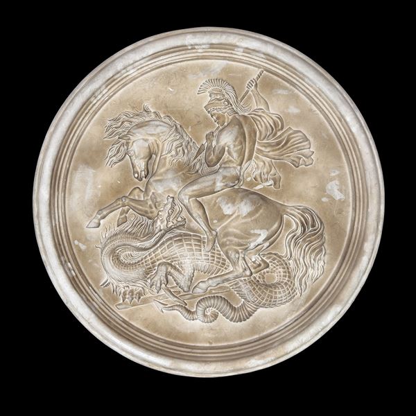 San Giorgio e il drago, grande placca circolare in marmo bianco