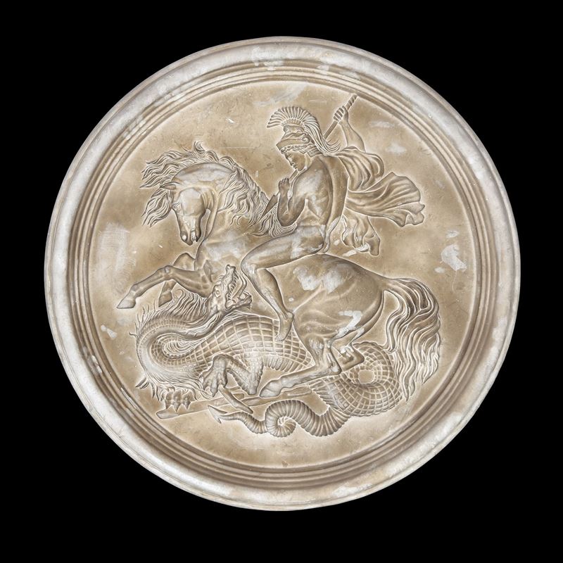 San Giorgio e il Drago, Grande Placca Circolare in Marmo Bianco